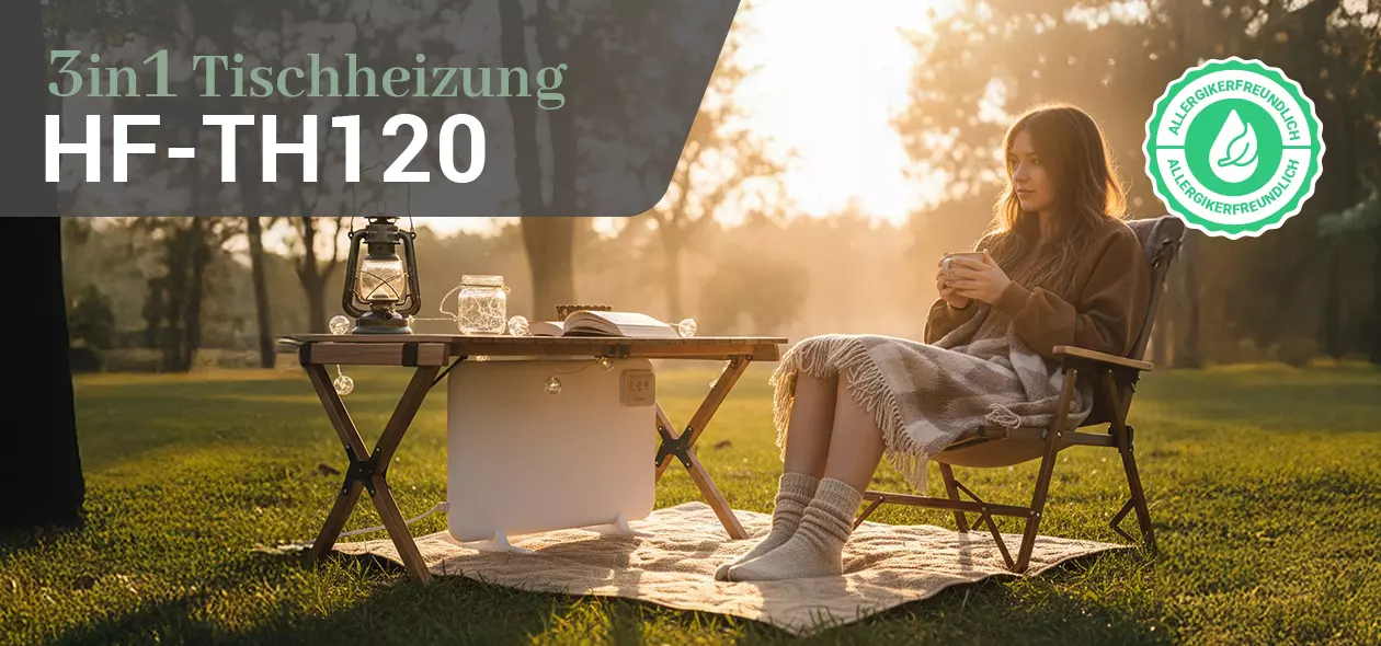 Heidenfeld Infrarotheizung HF-TH120 Tischheizung unter Campingtisch, Frau sitzt auf einem Campingstuhl